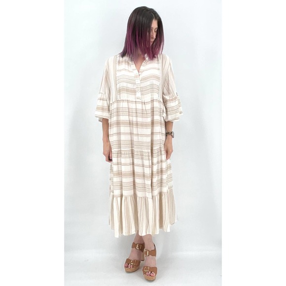 Boho Dress Woven pattern Stripe Tiered White Tan OS NWT - Picture 3 of 11